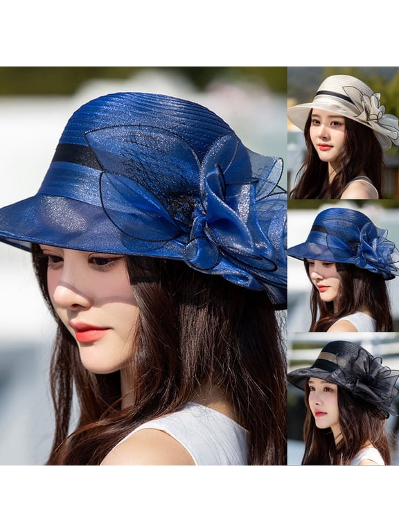 Womens Derby Hats Organza Floral Tea Party Hats for Women Flat Top Hat Adjustable Wide Brim Derby Fascinator Hat for Derby Wedding