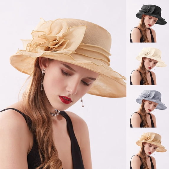 CAIXIA Womens Derby Hats Vintage Organza Floral Tea Party Outfit Church Wide Brim Derby Fascinator Hat Wedding Cocktail Bride Headband