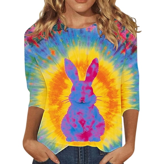 CAIXIA Womens Easter Shirts 3/4 Sleeve Cute Rabbit Graphic Tee Crew Women T Shirts Graphic Easter Bunny Pullover Tops