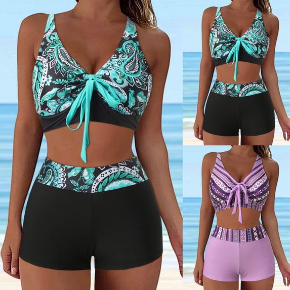 CAIXIA Womens High Waisted Swimsuits with Boy Shorts Brazilian Triangle Top Stripes Halter Bikini Two Piece Bathing Suits