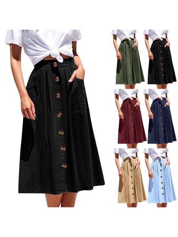 CAIXIA Womens High Waisted Tiered Maxi Skirt Flowy A Line with Pockets Button Down Summer Beach Vacation