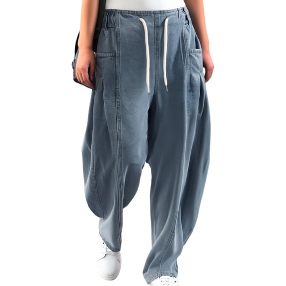 CAIXIA Womens Jeans Women's Casual Low Rise Loose Fit Denim Trousers with Drawstring Waist and Ruffle Detail for Summer Comfort,Light Blue