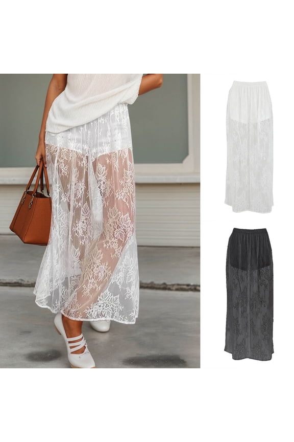 CAIXIA Womens Lace Sheer Maxi Skirts Floral Polka Dots Ruffle Concert Boho Goth Long Skirts