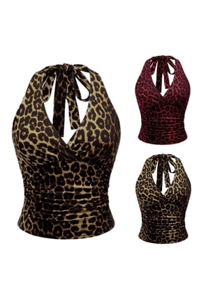 Womens Leopard Print Ruched Halter Crop Tops V Neck Tie Back Sleeveless Slim Fit Cami Tops
