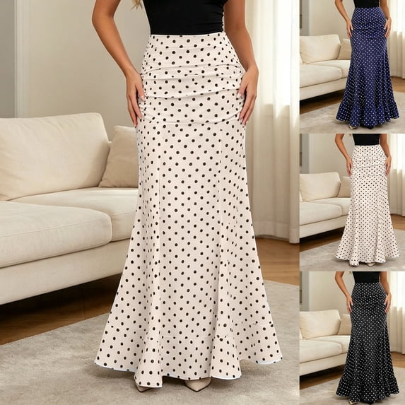 CAIXIA Womens Maxi Skirt 2026 Summer Flowy Polka Dot Floral High Waisted Mermaid Office Work Spring Long Slip Skirts