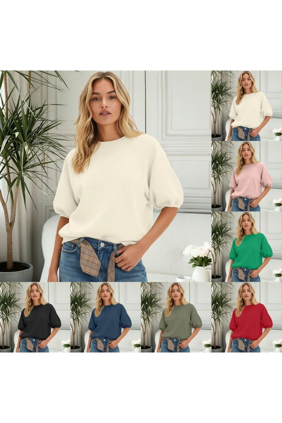Womens Oversized Short Sleeve Sweatshirts Crew Neck Puff Sleeve Tops Casual Basic Spring Summer Tops