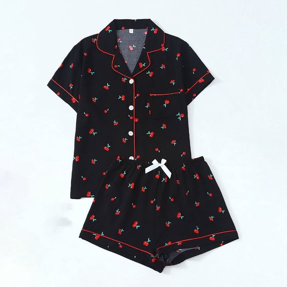 CAIXIA Womens Pajama Sets Cotton Button Down Shirt 2 Piece Silky Pjs Cute Comfy Notch Collar Short Sleeve Printed Lounge Set Summer Sleepwear