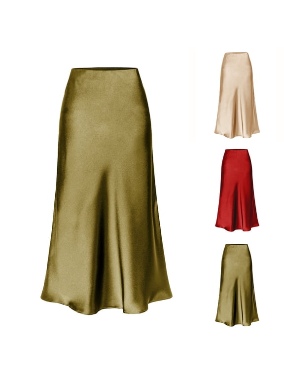 CAIXIA Womens Satin High Waisted Side Split Maxi Skirt Elastic Waistband Long Silk Skirts A-Line Skirts for Women