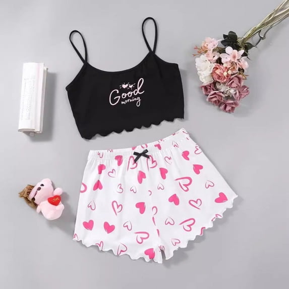 CAIXIA Womens Silk Satin Pajamas Set 2 Piece Spaghetti Strap Tank Top and Shorts Bride Soft Pj Print Graphic Lounge Sets Soft Nightwear Sleepwear Ladies Nightwear