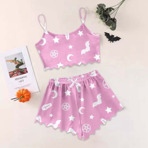 CAIXIA Womens Silk Satin Pajamas Set 2 Piece Spaghetti Strap Tank Top and Shorts Bride Soft Pj Print Graphic Lounge Sets Soft Nightwear Sleepwear Ladies Nightwear