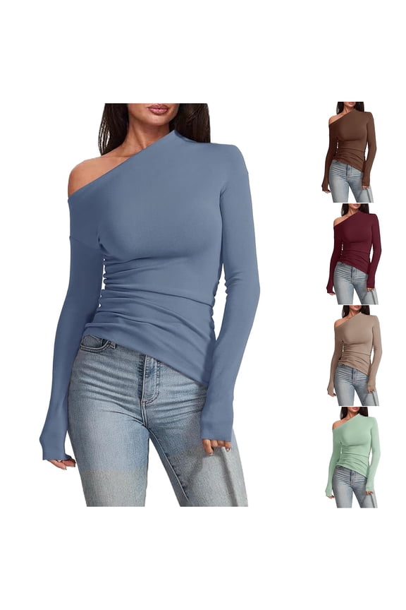 Womens Solid Off The Shoulder Long Sleeve T Shirt, Sexy Low Neckline Fashion Casual Daily Going Out Top,Green