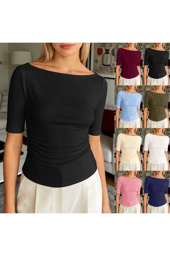 Womens Summer Short Sleeve Tops Boat Neck Ribbed Knit Slim Fit T Shirt Casual Basic Top 2026 Spring Clothes
