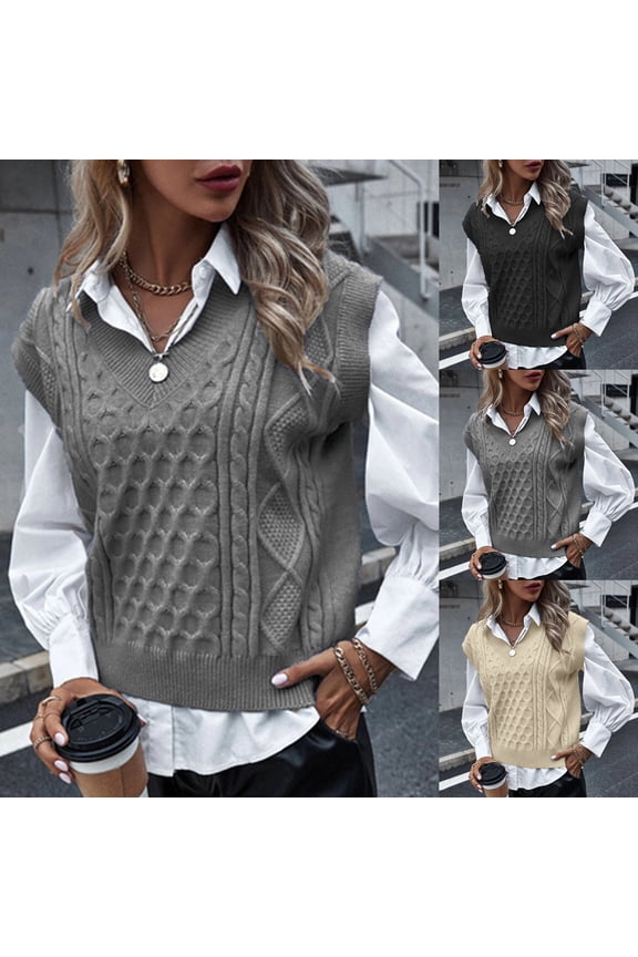 Womens V-Neck Knit Sweater Vest Solid Color Argyle Plaid Preppy Style Sleeveless Crop Knit Vest