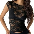 thumbnail image 1 of CAIXIA Womens V Neck T Shirts Women's Lace Short Sleeve Sheer Mesh T Shirt Slim Fit Crop Top Casual Daily Wear, 1 of 6