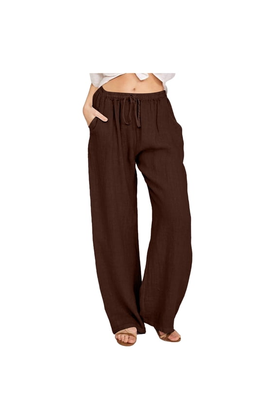 Womens Wide Leg Pants Linen Pants Women High Waisted Palazzo Trousers Lightweight Straight-Fit Barrel Pants Trousers with Pockets,Coffee,S