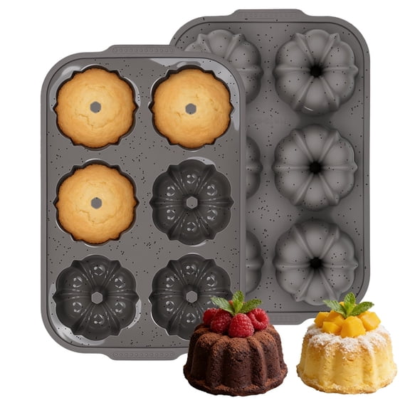 CAKETIME Jumbo Fluted Tube Cake Pans for Baking with Metal Reinforced Frame, 2Pcs Silicone 6-Cavity Mini Flan Molds, Nonstick Baking Mold for Cupcake, Brownie, Donuts, Cornbread, Jello