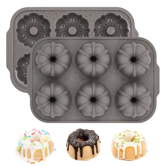 CAKETIME Mini Fluted Tube Pan with Metal Reinforced Frame, 6-Cavity Silicone Nonstick Small Cake Molds 2Pcs for Chocoflan, Jellies