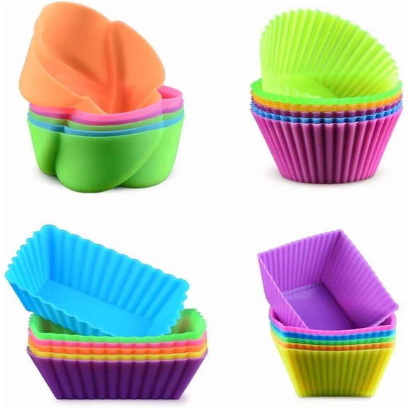 CAKETIME Silicone Baking Cups Cupcake Liners - 24 Pcs Reusable Silicone Molds Including Round, Rectanguar, Square, Flower