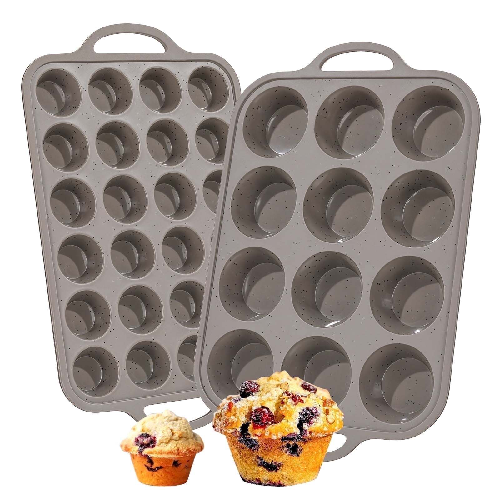 CAKETIME Silicone Muffin Pan Set, Regular 12 Cups & Mini 24 Cups with Metal Frame, Nonstick Silicone Muffin Tins, 2 Pack