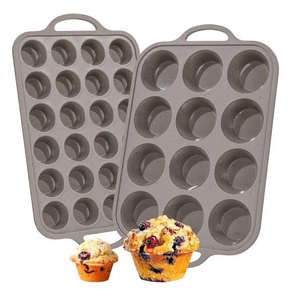 CAKETIME Silicone Muffin Pan Set, Regular 12 Cups & Mini 24 Cups with Metal Frame, Nonstick Silicone Muffin Tins, 2 Pack