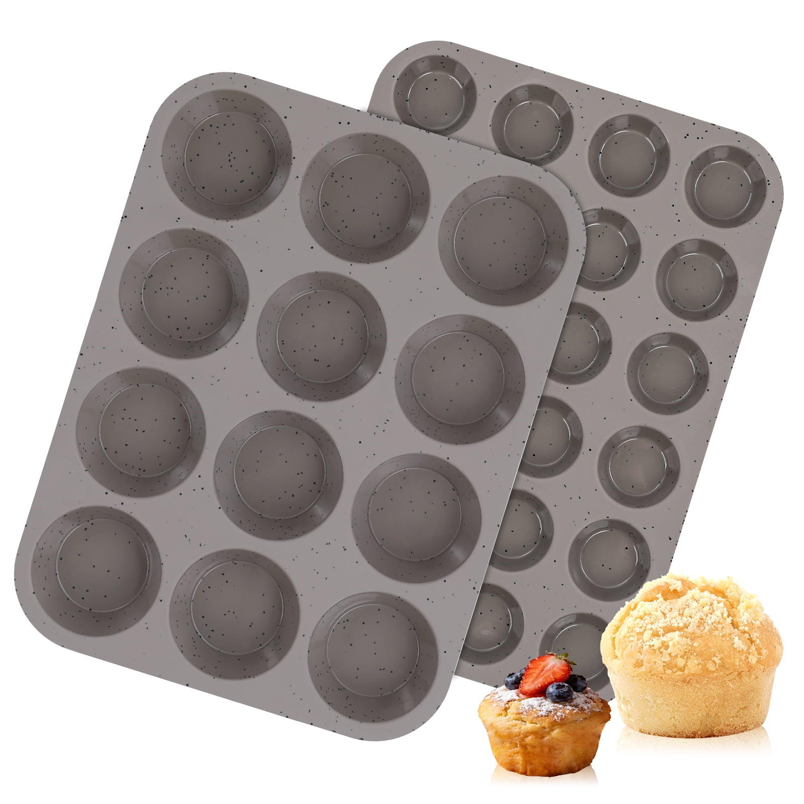CAKETIME Silicone Muffin Pans for Baking, Regular 12 Cups & Mini 24 Cups Nonstick Silicone Cupcake Pan Set of 2