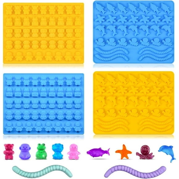 CAKETIMT Gummy Bear Mold Candy Molds - Chocolate Molds Including Bears, Frogs, Lions, Monkeys, Penguins, Worms, Starfishs, Dolphins, Octopus, Sharks Sea Mold Set of 4 Silicone Molds
