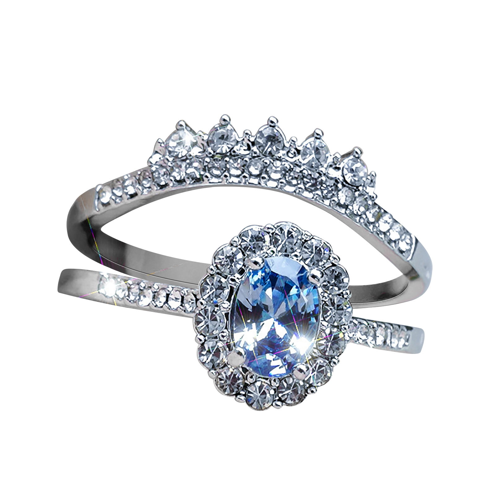 CAKVIICA Ladies Fashion Silver Oval Lake Blue Zircon Ring Diamond ...