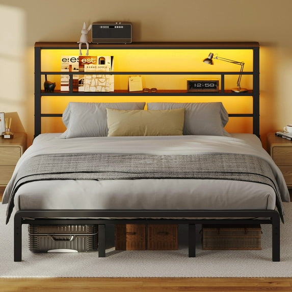 Patbrela California King Size Bed Frame with 49.2-Inch LED High Headboard and 2-Tier Storage, Metal Platform Bed, Black