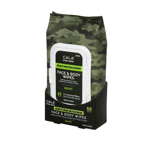 CALA MEN'S REFRESHING FACE & BODY WIPES: MINT (60 SHEETS)