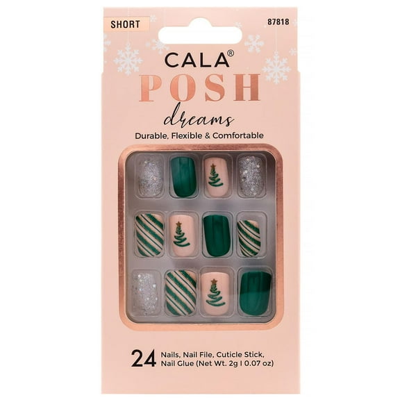 CALA Posh Dreams Press On Nails, Short Oval, Xmas Tree Glitter Design, 24-Piece Nail Kit with Glue, Durable, Chip-Resistant, Customizable Artificial Nails for All Hand Sizes