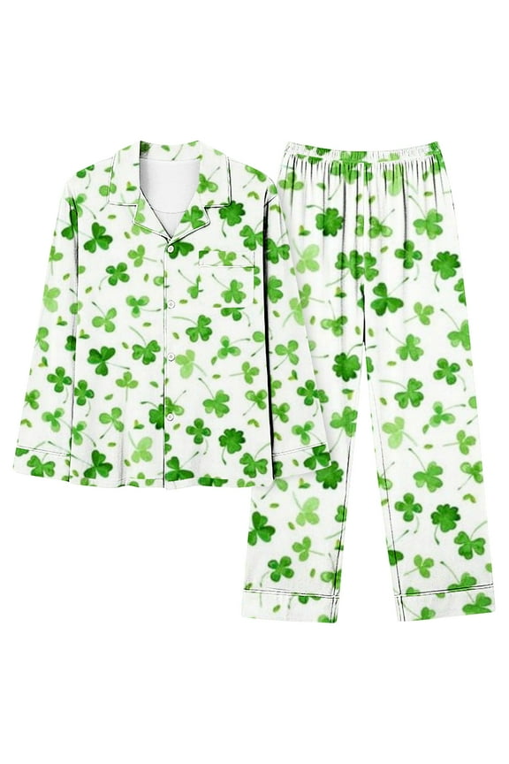 2 Piece Pajamas for Women Womens Button Down Pajama Sets St. Patricks Day Pajama Notch Collar Clover Print Tops with Pocket and Pants