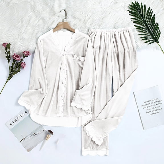 CALAFEBILA 2 Piece Pajamas for Women Womens Button Down Pajamas Pajamas Notch Collar Fleece Tops Loose and Pants Soft