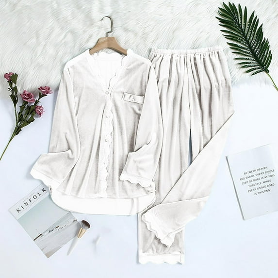 CALAFEBILA 2 Piece Pajamas for Women Womens Button Down Pajamas Pajamas Notch Collar Fleece Tops Loose and Pants Soft