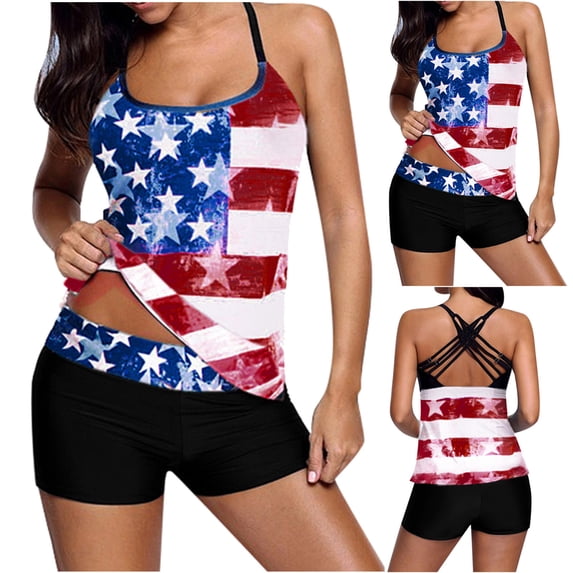 CALAFEBILA 2 Piece Swimsuits for Women Plus Modest Tankini Pools Summer Independence Day Padded American Flag Graphic Bathing Suits