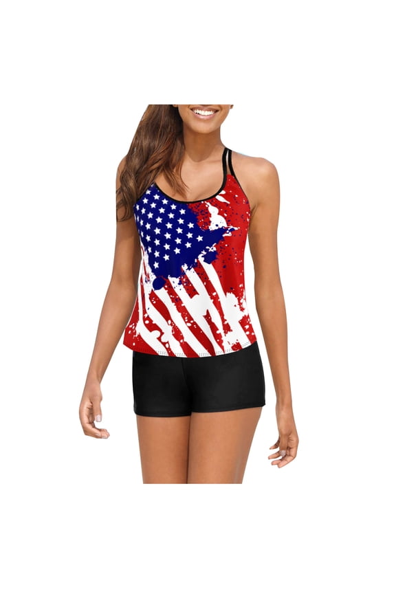 2 Piece Swimwear for Women Modest Tankini American Flag Graphic Seaside 4th of July Summer Independence Day Bathing Suits