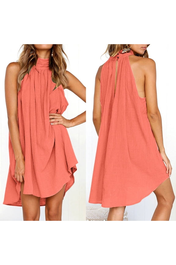 Beach Dress Sleeveless Solid Color Mini Sun Dress Pleated Side Split Tank Dress Short Dresses for Junior