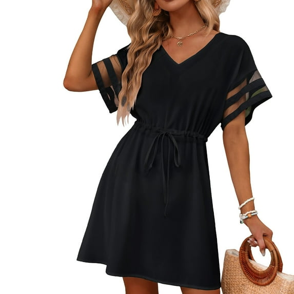 CALAFEBILA Beach Dress for Women Short Sleeve V-neck Solid Color Knee Length Sun Dress Lace with Belt Long Dresses for Junior