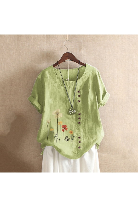 Blouses for Women Cotton Linen Women Blouse,Ladies Fashion Floral Print Blouse Summer Short Sleeve Crew Neck Button Plus Size Ladies Tops