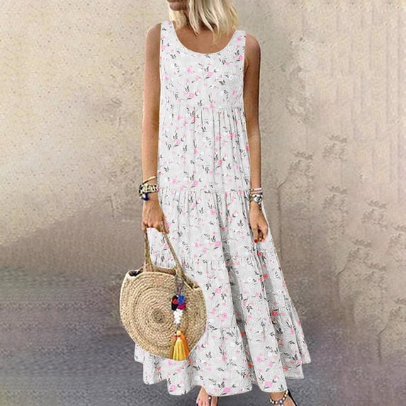 CALAFEBILA Boho Maxi Dress Ladies Strap Sleeveless Summer Long Casual Tank Sun Dress Floral 2025 Beach Maix Pleated Dress