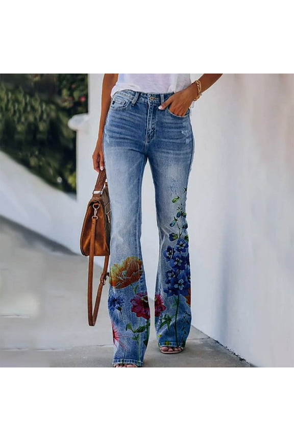 Boot Cut Jeans for Woman Fashion Full-Length Womens High Waisted Jeans Floral Printed Elastic Denim Pants Versatile Cute Jeans for Women 2025
