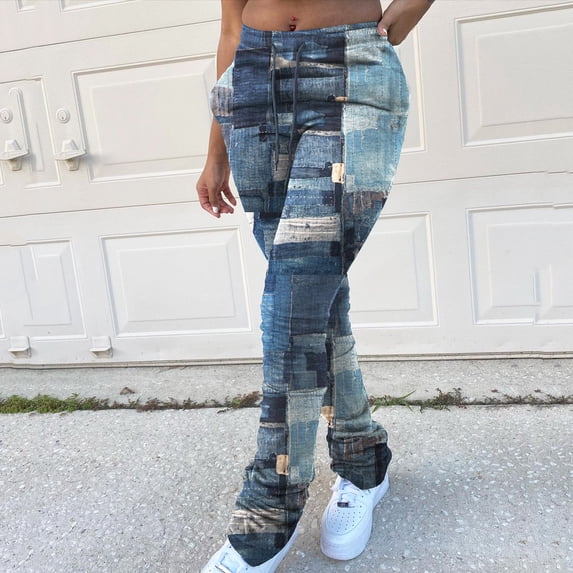 CALAFEBILA Bootcut Jeans for Women Fashion Full-Length High Waist Jeans for Women Floral Printed Denim Pants Versatile Cute Jeans for Women 2025