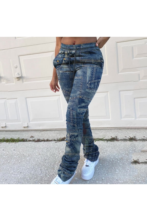 Bootcut Jeans for Women Fashion Full-Length Womens High Waisted Jeans Floral Printed Denim Pants Relaxed Fit Baggy Jeans for Women 2025