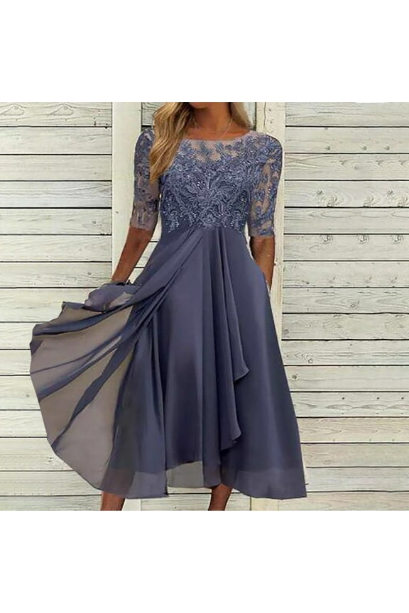 Bridal Shower Dress for Female,Fashion Prom Gown Bridesmaid Dress,Summer High Waist Mid Sleeve Solid Slim-fit Navy Birthday Dress Mid Sleeve Long Dress
