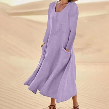 CALAFEBILA Button Down Dresses for Women Winter Cotton Linen Knee Length Long Sleeve Midi Dresses Solid Color Crew Neck Long Dresses for Women