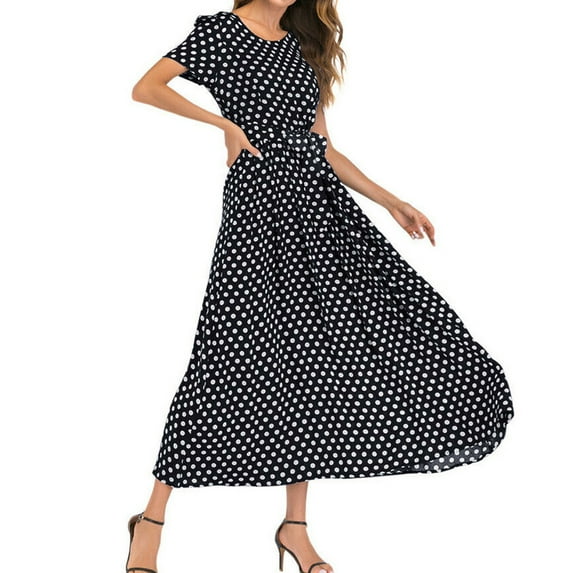 CALAFEBILA Casual Dresses for Women Short Sleeve Polka Dot Midi Sun Dress A-Line Bandage Long Junior Dresses