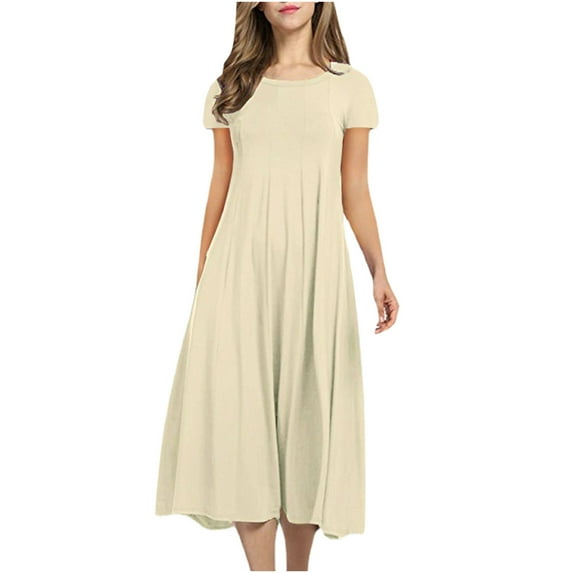 CALAFEBILA Casual Dresses for Women Short Sleeve Solid Color Midi Sun Dress A-Line Pleated Long Womens Dresses