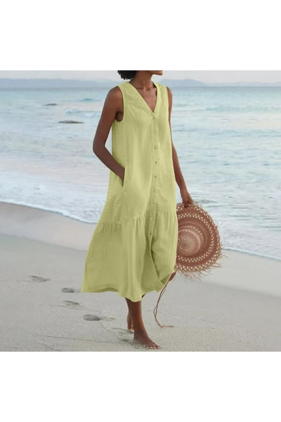 Casual Summer Dresses for Women Sleeveless V-neck Solid Color Midi Shirt Dress Cotton Linen Pockets Tank Dress Long Women's Dresses