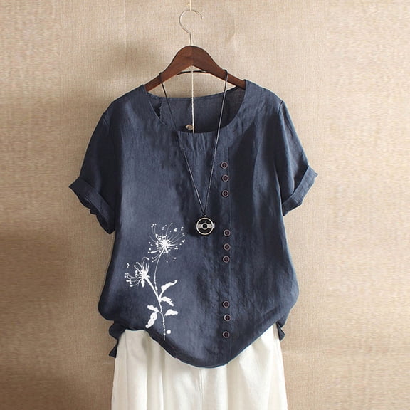 CALAFEBILA Casual Tops for Women Cotton Linen Women Tee Shirt,Womens Fashion Floral Print Shirts Summer Short Sleeve Crew Neck Button Plus Size Women's Tops