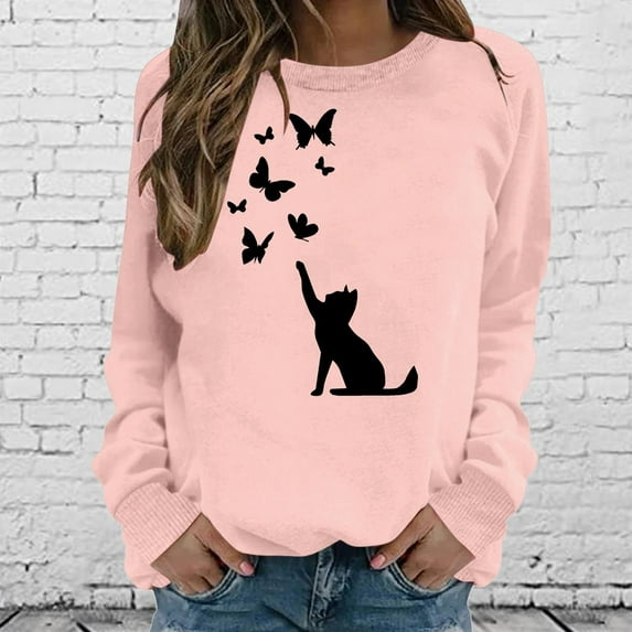 CALAFEBILA Cat Sweatshirts for Women Long Sleeve Crew Neck Graphic Tunic Pullover Tops
