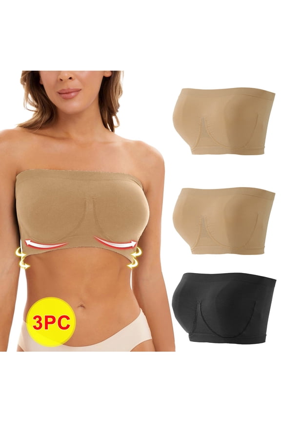 Clearacne Plus Size Strapless Bras for Women 3 Pack Compression Full Coverage Seamless Smoothing Back Everyday Top Tube Crop Bandeau Bra for Women